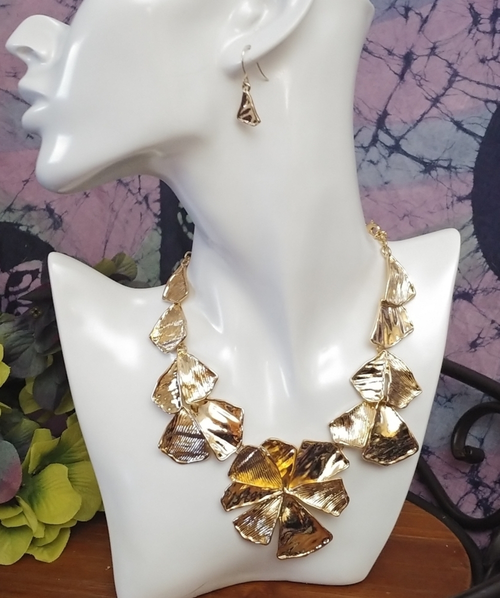 Statement Gold Petal Leaf Statement Necklace Earrings Set